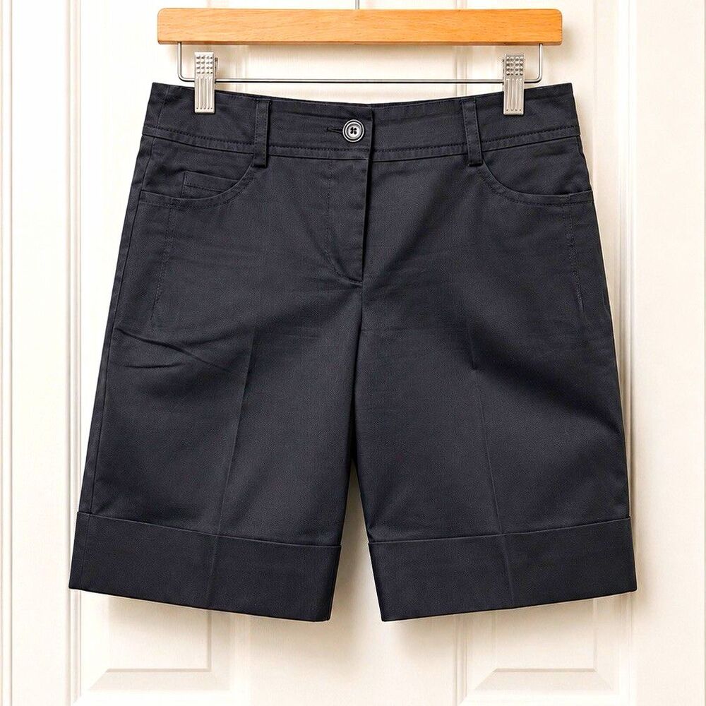 Trina Turk Women’s Black Bermuda Shorts 6 Mid Rise Twill Stretch Pockets